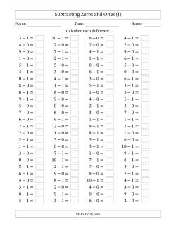 Subtracting 0 and 1 (100 Horizontal Questions) (I) Subtraction Worksheet