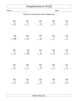 Subtracting Across Zeros from 10 (E) Subtraction Worksheet