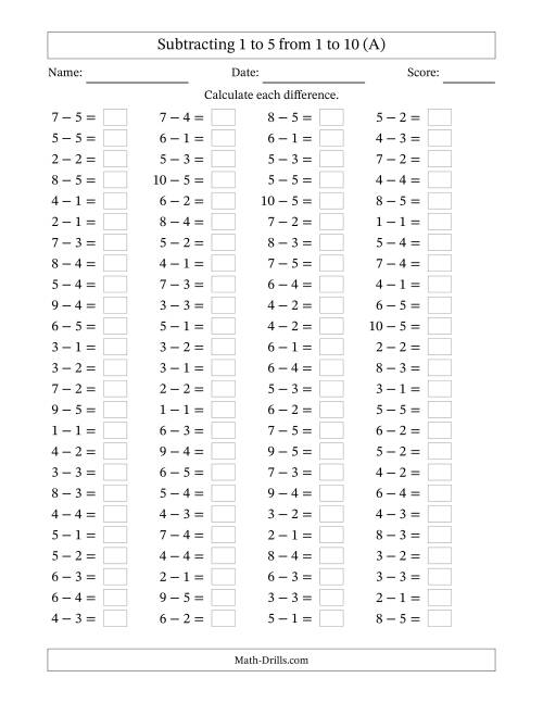 Subtraction Facts To 10 Horizontal A 