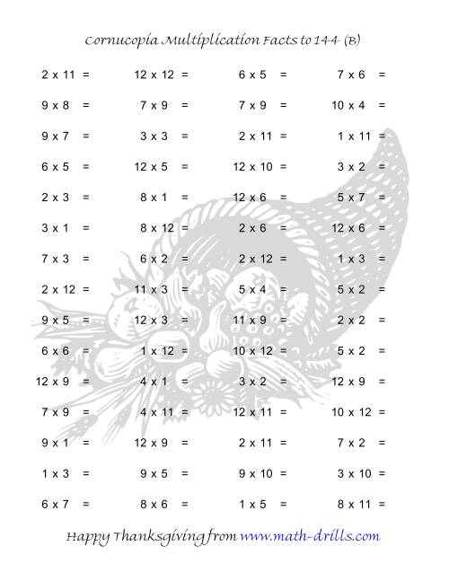 The Cornucopia Multiplication Facts to 144 (B) Math Worksheet