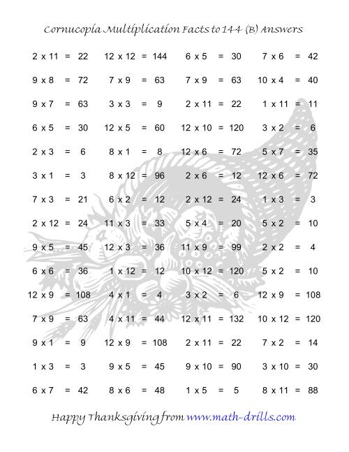 The Cornucopia Multiplication Facts to 144 (B) Math Worksheet Page 2