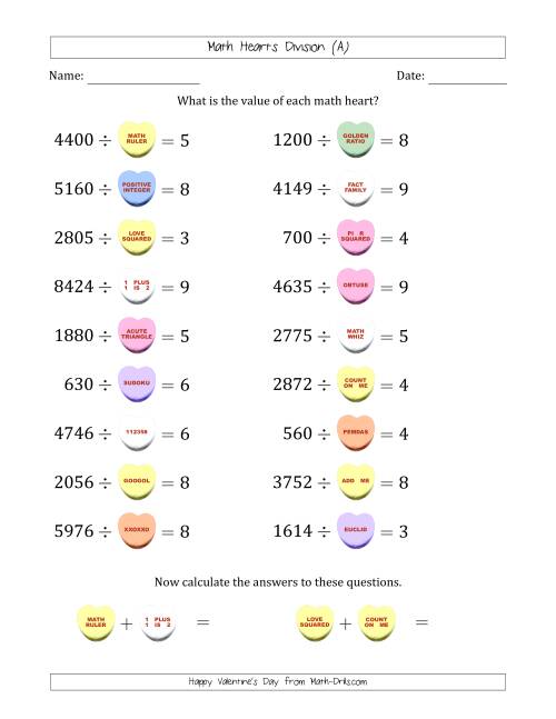 The Math Hearts Division with Quotients from 2 to 9 and Missing Divisors from 100 to 999 (A) Math Worksheet