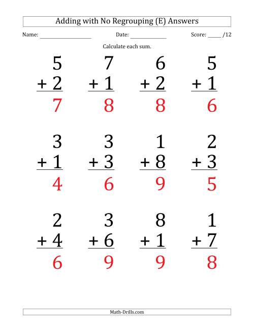 The 12 Single-Digit Addition Questions with No Regrouping (E) Math Worksheet Page 2