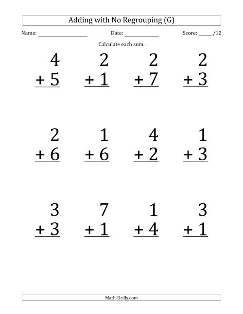 The 12 Single-Digit Addition Questions with No Regrouping (G) Math Worksheet