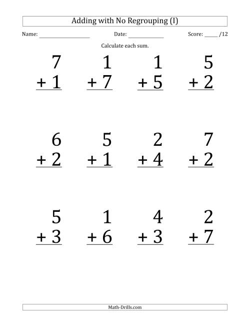 The 12 Single-Digit Addition Questions with No Regrouping (I) Math Worksheet