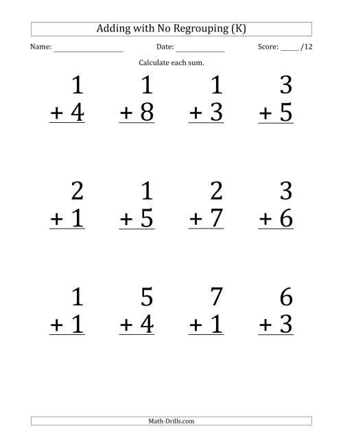 The 12 Single-Digit Addition Questions with No Regrouping (K) Math Worksheet