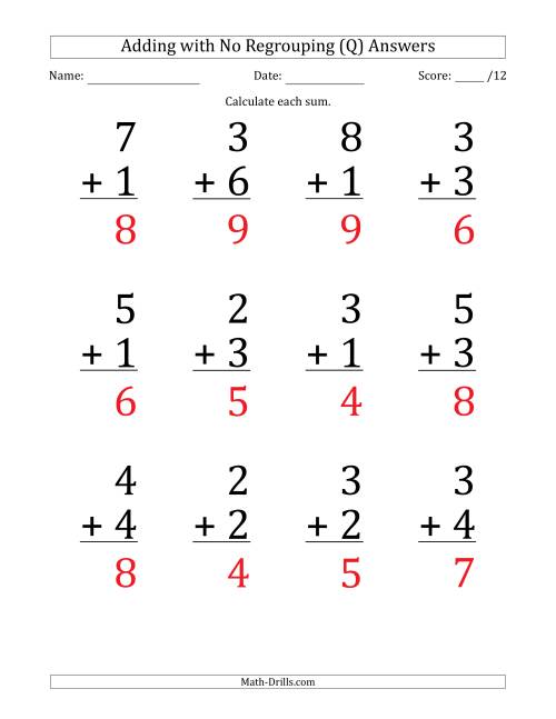 The 12 Single-Digit Addition Questions with No Regrouping (Q) Math Worksheet Page 2
