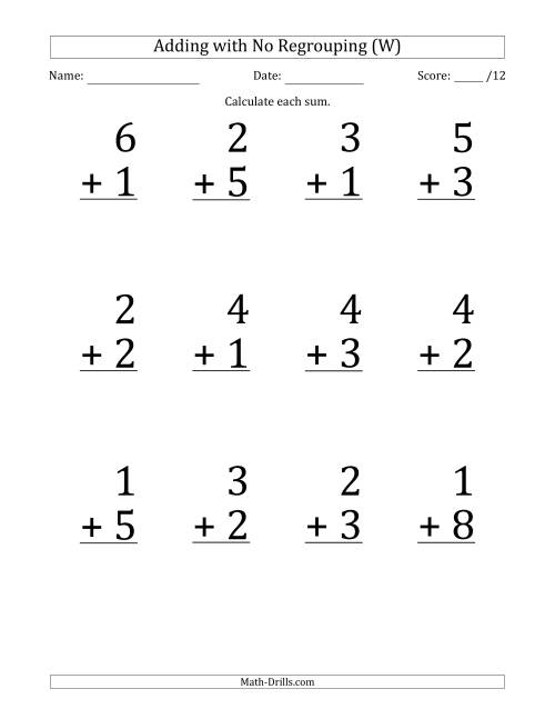 The 12 Single-Digit Addition Questions with No Regrouping (W) Math Worksheet