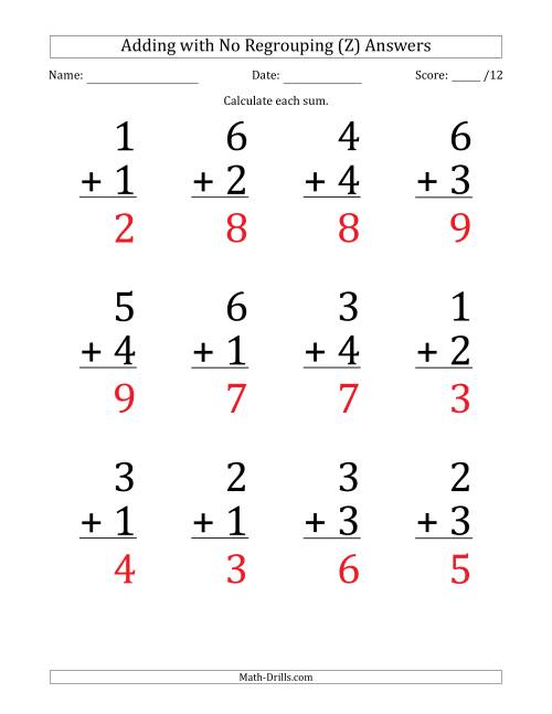 The 12 Single-Digit Addition Questions with No Regrouping (Z) Math Worksheet Page 2
