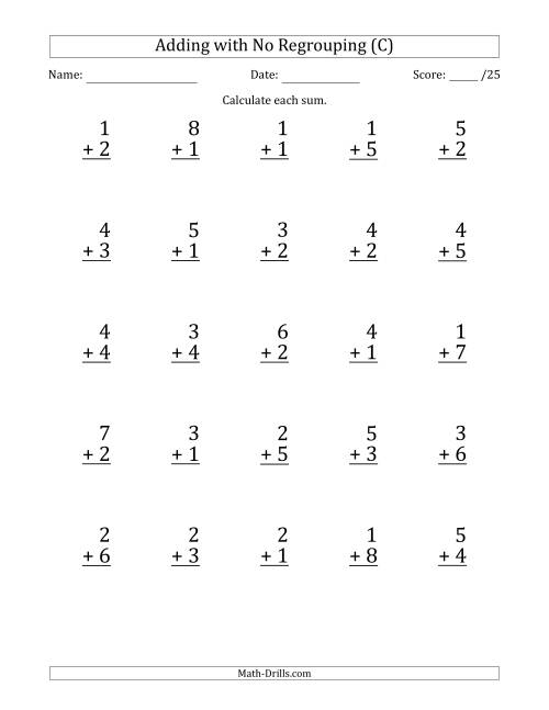 The 25 Single-Digit Addition Questions with No Regrouping (C) Math Worksheet