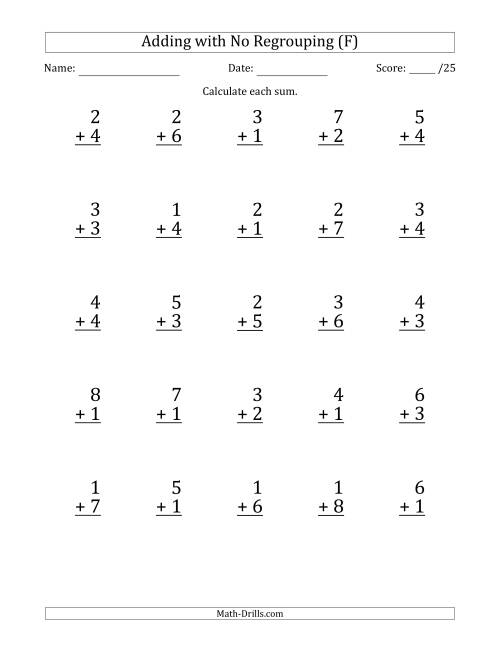 The 25 Single-Digit Addition Questions with No Regrouping (F) Math Worksheet