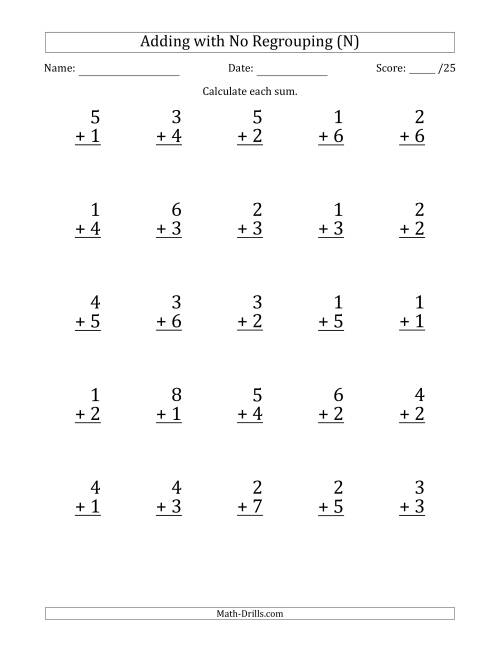 The 25 Single-Digit Addition Questions with No Regrouping (N) Math Worksheet