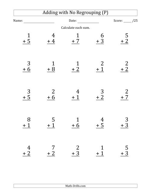 The 25 Single-Digit Addition Questions with No Regrouping (P) Math Worksheet