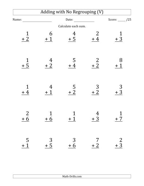 The 25 Single-Digit Addition Questions with No Regrouping (V) Math Worksheet