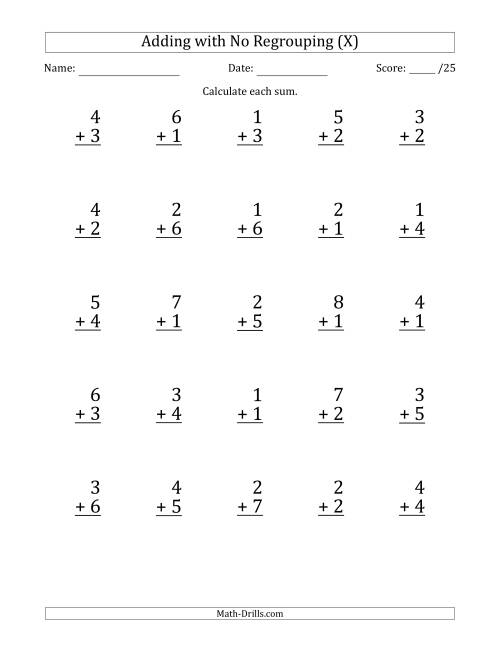 The 25 Single-Digit Addition Questions with No Regrouping (X) Math Worksheet