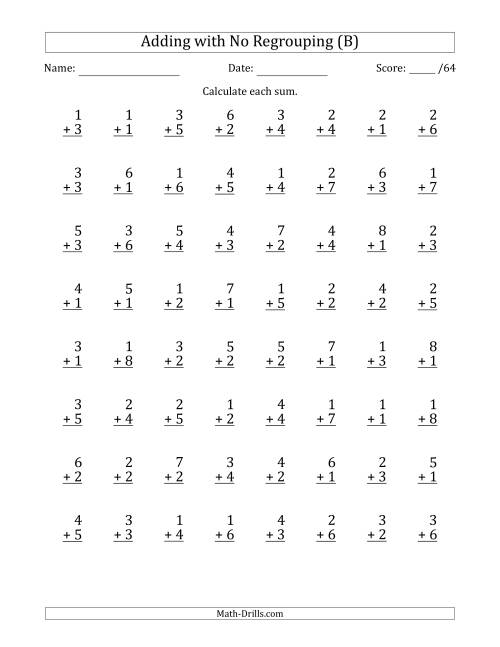 The 64 Single-Digit Addition Questions with No Regrouping (B) Math Worksheet