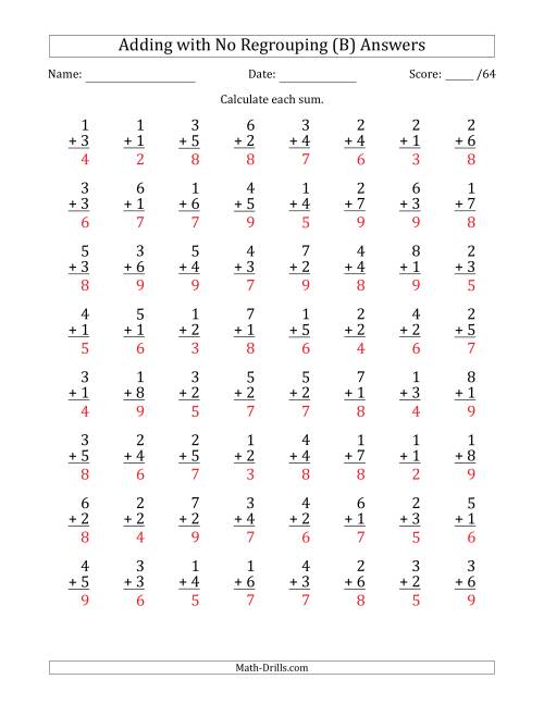 The 64 Single-Digit Addition Questions with No Regrouping (B) Math Worksheet Page 2