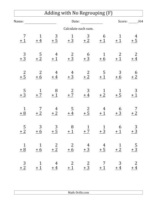 The 64 Single-Digit Addition Questions with No Regrouping (F) Math Worksheet
