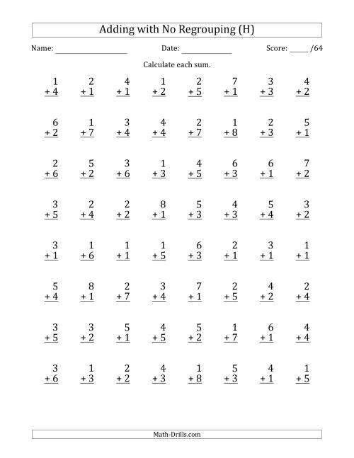 The 64 Single-Digit Addition Questions with No Regrouping (H) Math Worksheet