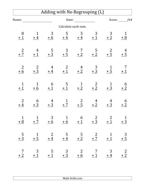 The 64 Single-Digit Addition Questions with No Regrouping (L) Math Worksheet