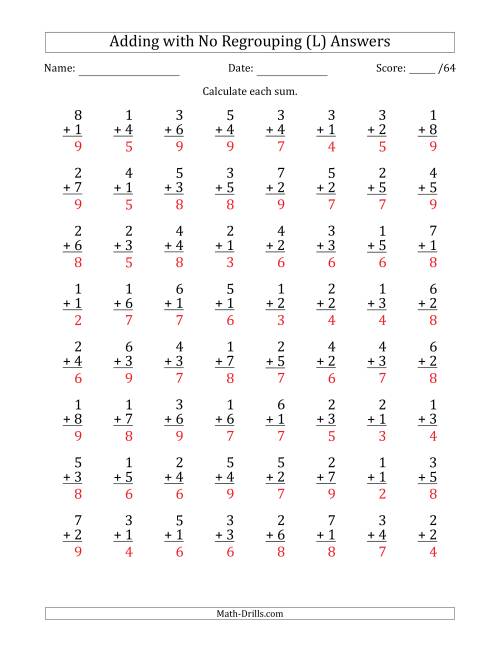 The 64 Single-Digit Addition Questions with No Regrouping (L) Math Worksheet Page 2
