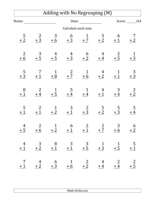 The 64 Single-Digit Addition Questions with No Regrouping (M) Math Worksheet