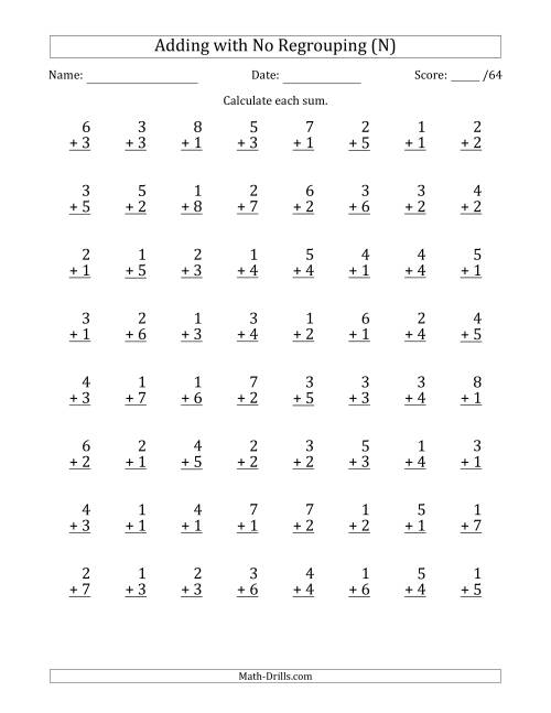 The 64 Single-Digit Addition Questions with No Regrouping (N) Math Worksheet
