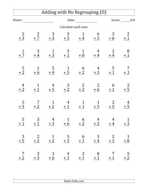 The 64 Single-Digit Addition Questions with No Regrouping (O) Math Worksheet