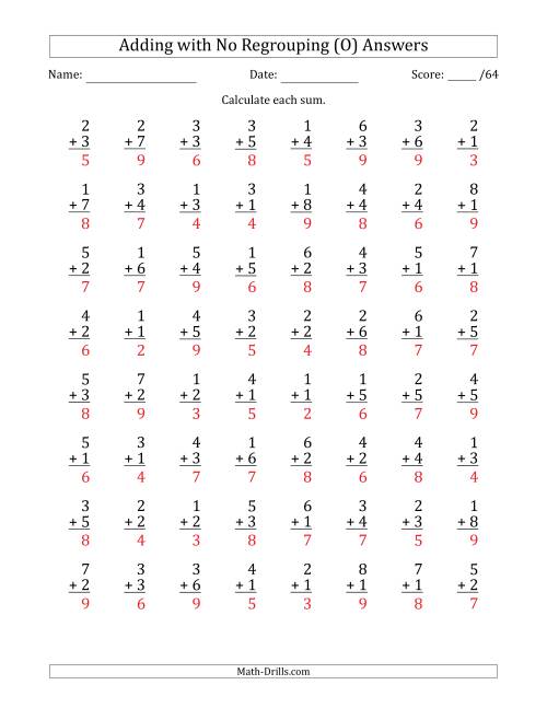 The 64 Single-Digit Addition Questions with No Regrouping (O) Math Worksheet Page 2