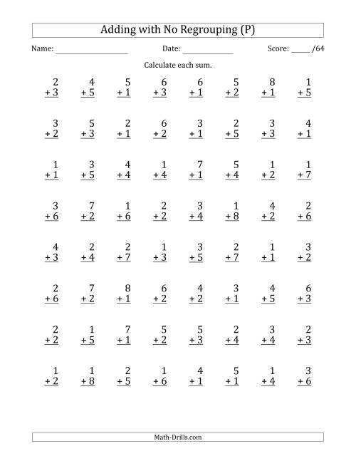 The 64 Single-Digit Addition Questions with No Regrouping (P) Math Worksheet