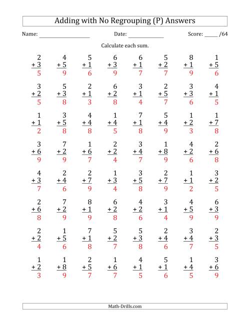 The 64 Single-Digit Addition Questions with No Regrouping (P) Math Worksheet Page 2