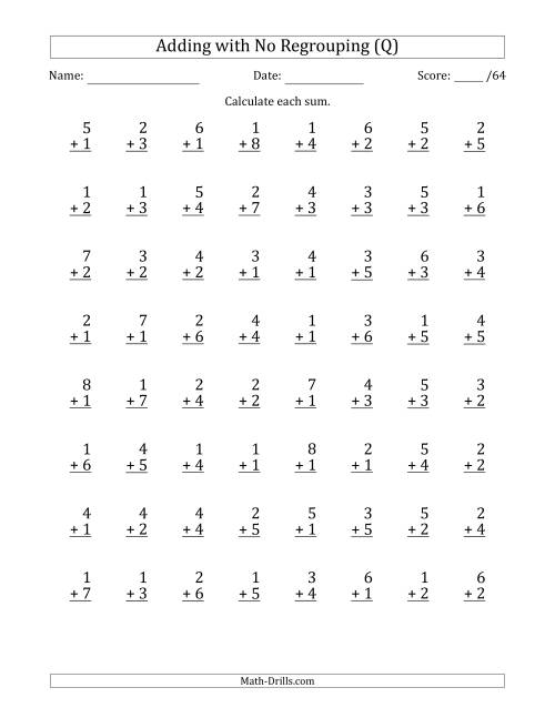 The 64 Single-Digit Addition Questions with No Regrouping (Q) Math Worksheet