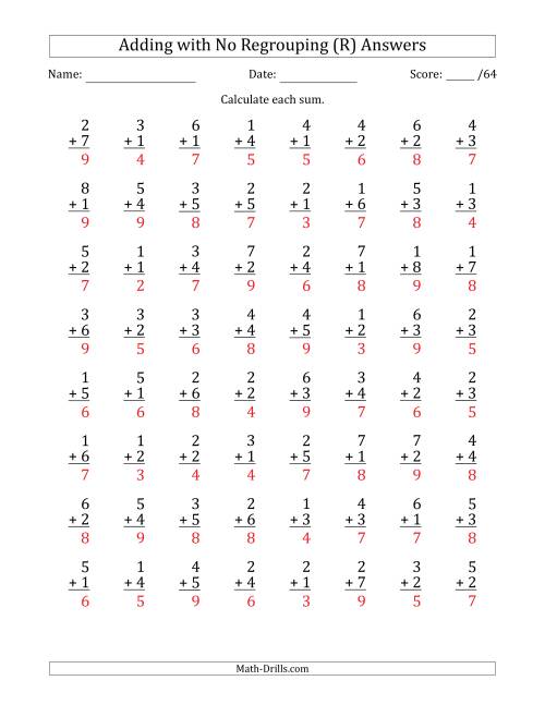 The 64 Single-Digit Addition Questions with No Regrouping (R) Math Worksheet Page 2