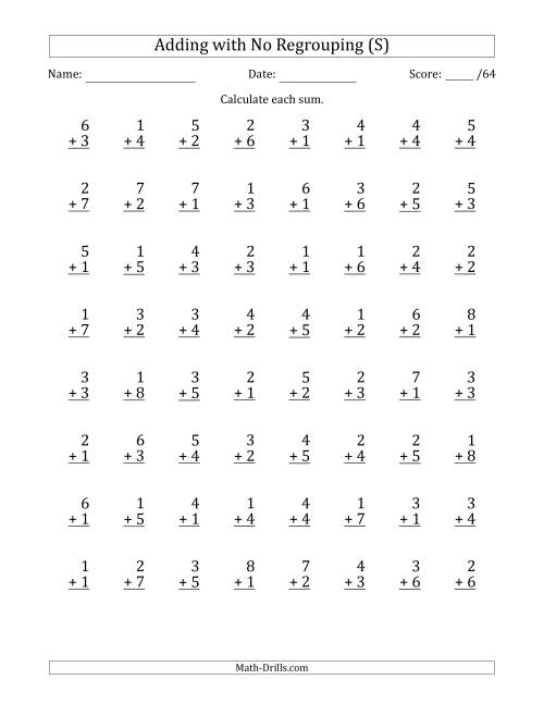 The 64 Single-Digit Addition Questions with No Regrouping (S) Math Worksheet