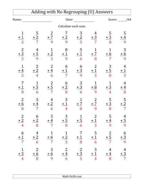 The 64 Single-Digit Addition Questions with No Regrouping (U) Math Worksheet Page 2