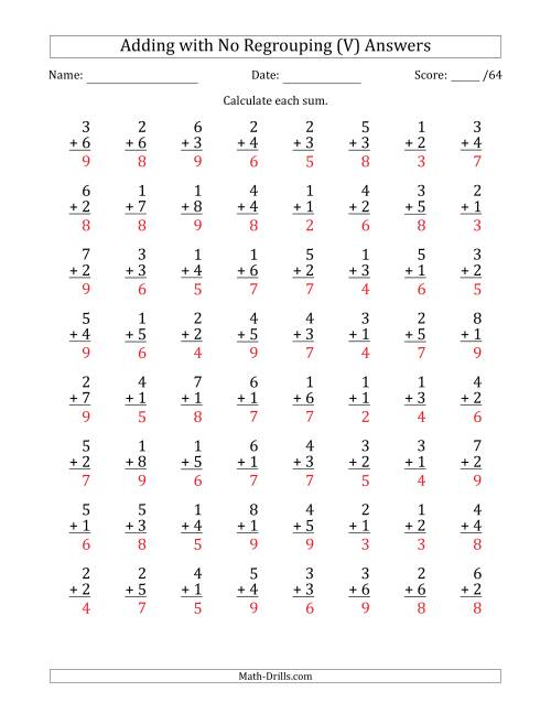 The 64 Single-Digit Addition Questions with No Regrouping (V) Math Worksheet Page 2