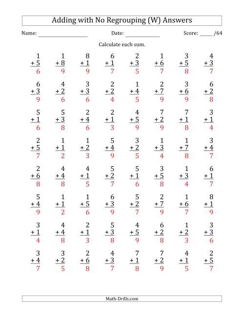 The 64 Single-Digit Addition Questions with No Regrouping (W) Math Worksheet Page 2