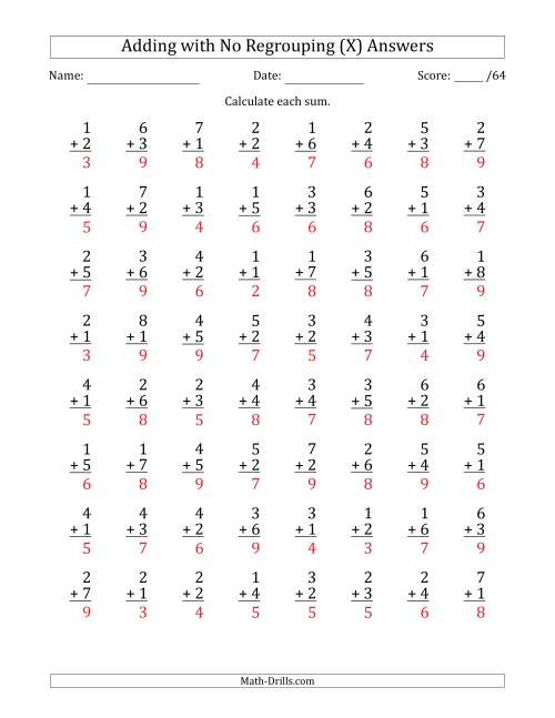 The 64 Single-Digit Addition Questions with No Regrouping (X) Math Worksheet Page 2