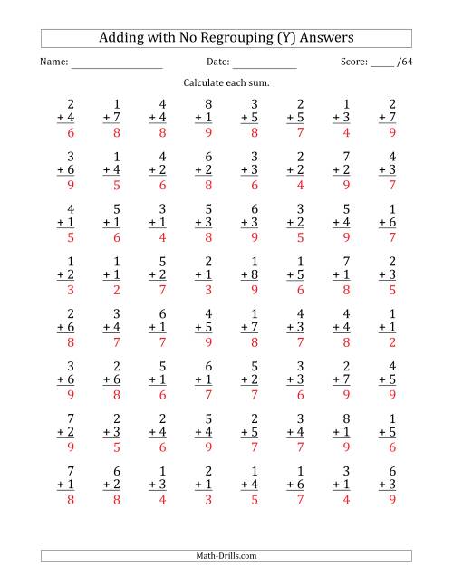 The 64 Single-Digit Addition Questions with No Regrouping (Y) Math Worksheet Page 2