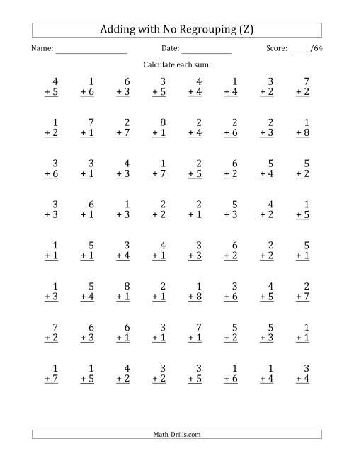 The 64 Single-Digit Addition Questions with No Regrouping (Z) Math Worksheet
