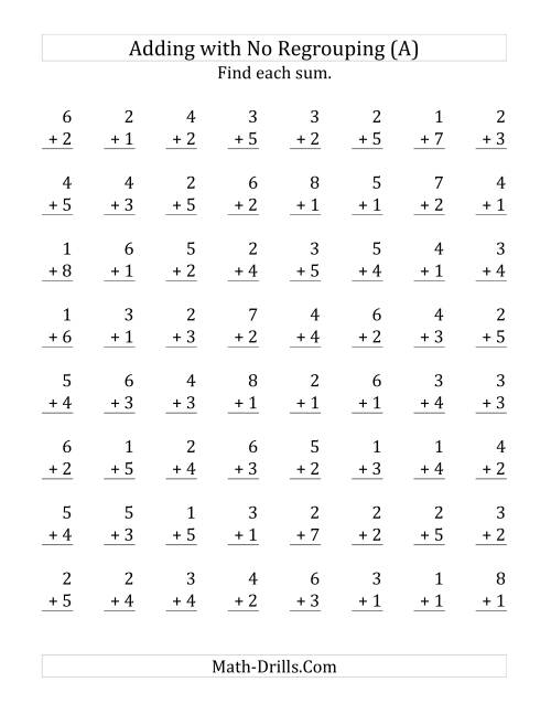 The 64 Single-Digit Addition Questions with No Regrouping (Old) Math Worksheet