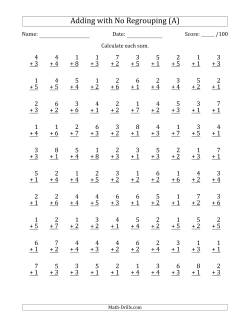 100 Single-Digit Addition Questions with No Regrouping