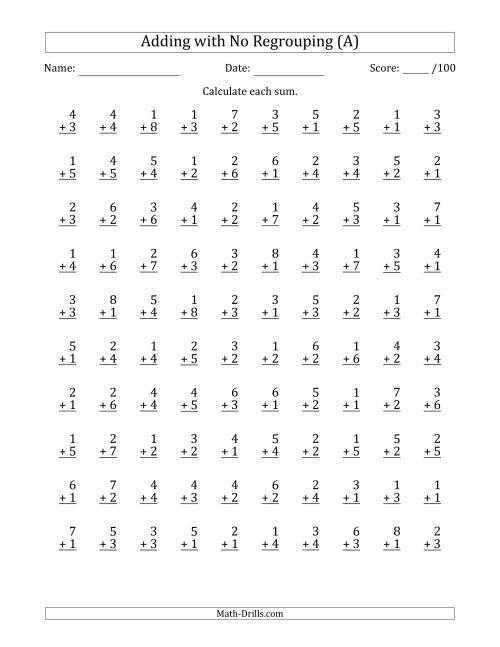 100-single-digit-addition-questions-with-no-regrouping-a-addition-worksheet
