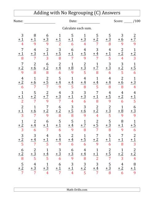 100 single digit addition questions with no regrouping c