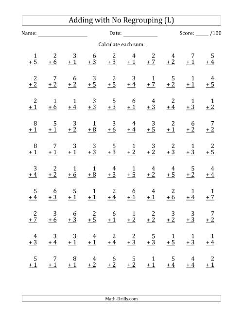 The 100 Single-Digit Addition Questions with No Regrouping (L) Math Worksheet
