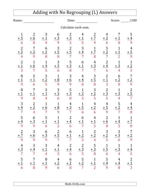 The 100 Single-Digit Addition Questions with No Regrouping (L) Math Worksheet Page 2