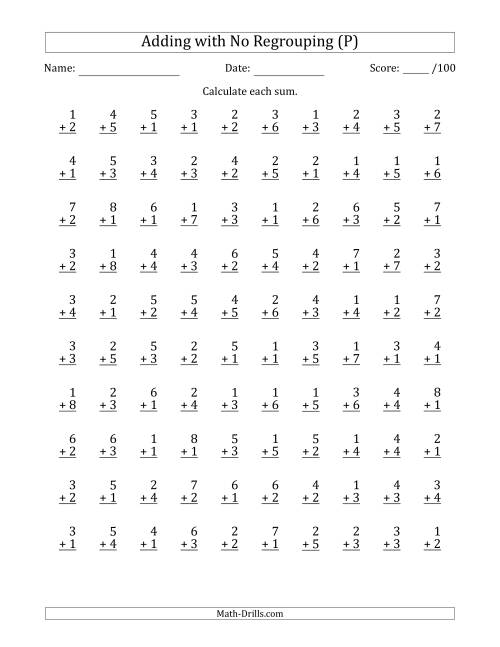 The 100 Single-Digit Addition Questions with No Regrouping (P) Math Worksheet