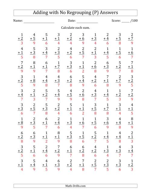 The 100 Single-Digit Addition Questions with No Regrouping (P) Math Worksheet Page 2