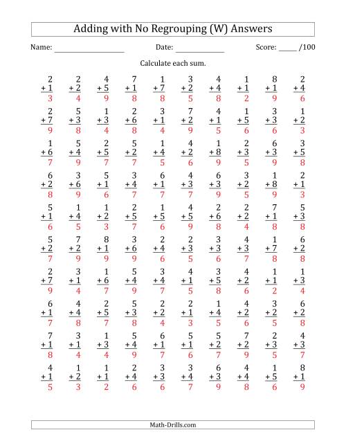 The 100 Single-Digit Addition Questions with No Regrouping (W) Math Worksheet Page 2