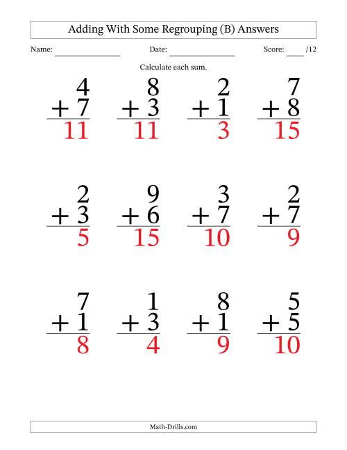 The 12 Single-Digit Addition Questions With Some Regrouping (B) Math Worksheet Page 2